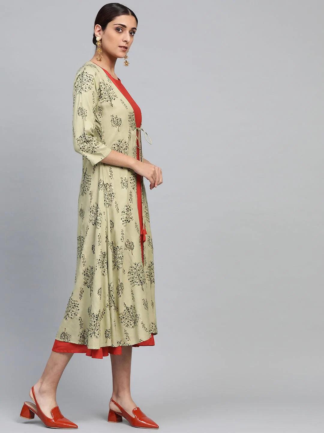 Red Solid Rayon Dress With Shrug - ShopLibas