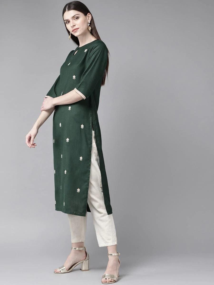Dark Green Embroidered Cotton Kurta - ShopLibas
