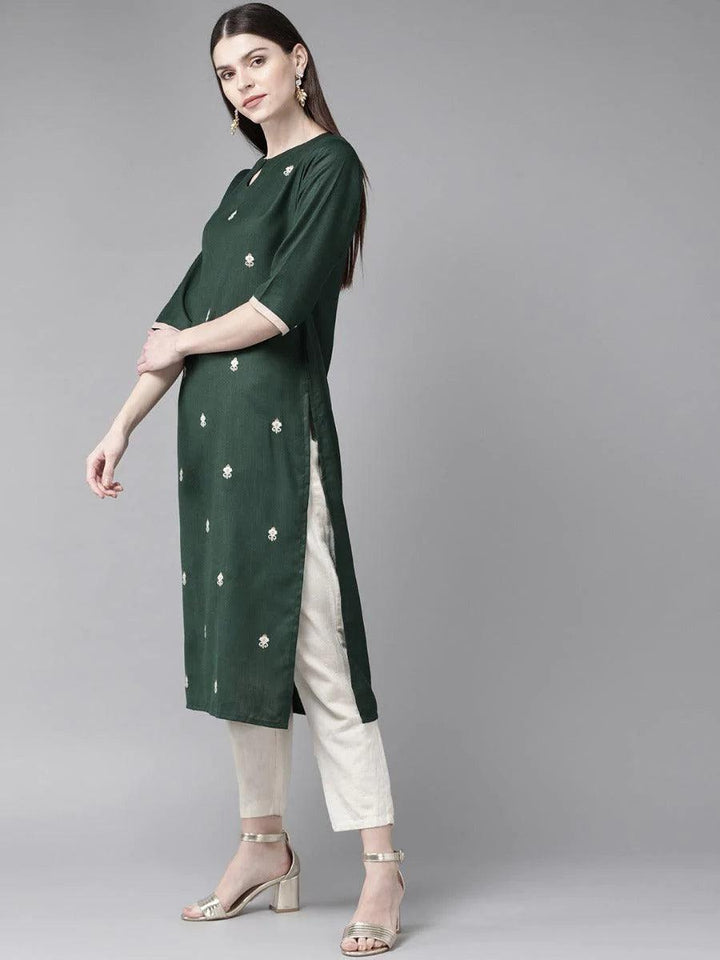 Dark Green Embroidered Cotton Kurta