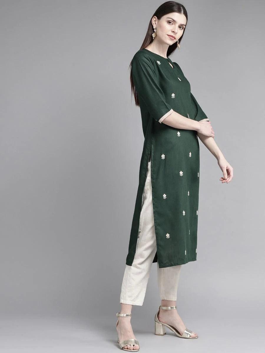 Dark Green Embroidered Cotton Kurta - ShopLibas