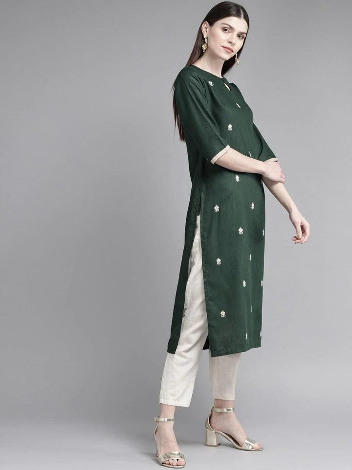 Dark Green Embroidered Cotton Kurta