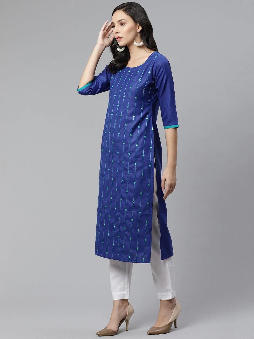 Blue Mirror Work Cotton Kurta - ShopLibas