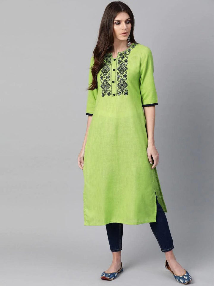 Green Embroidered Cotton Kurta