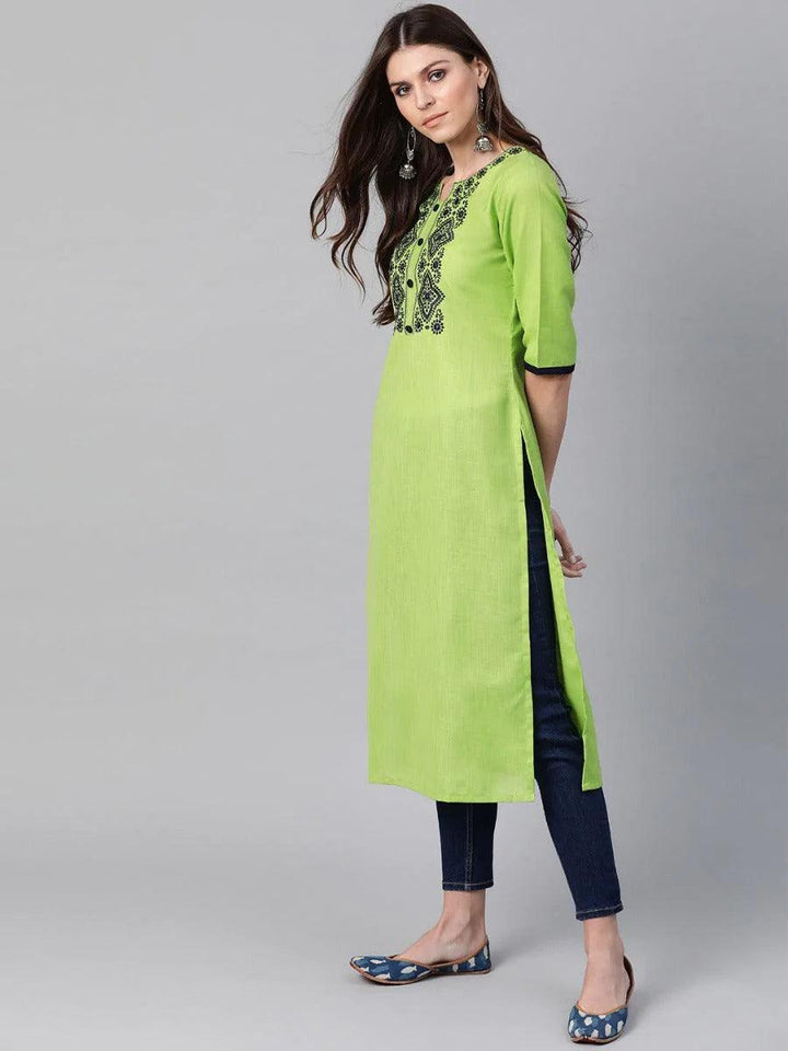 Green Embroidered Cotton Kurta