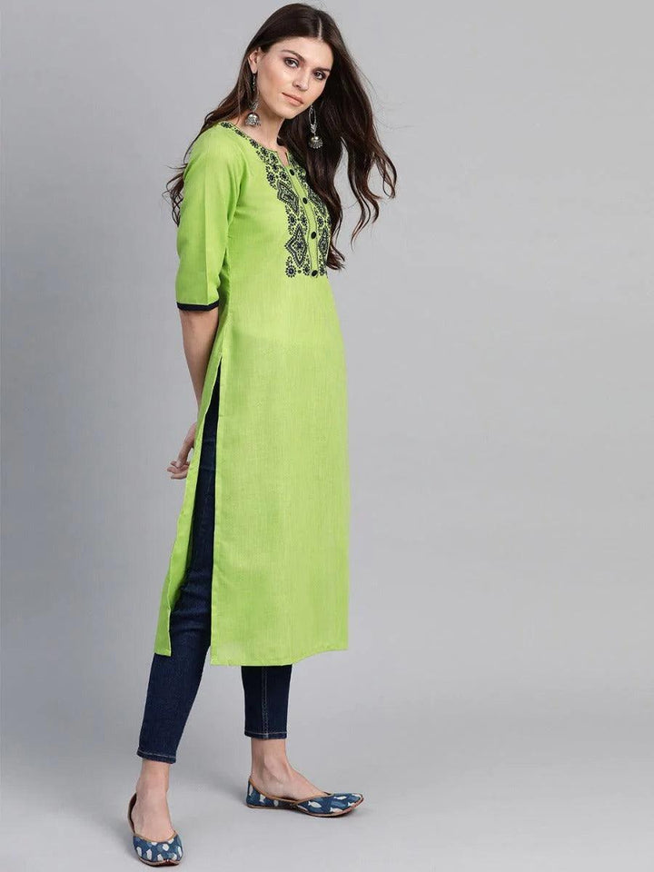 Green Embroidered Cotton Kurta