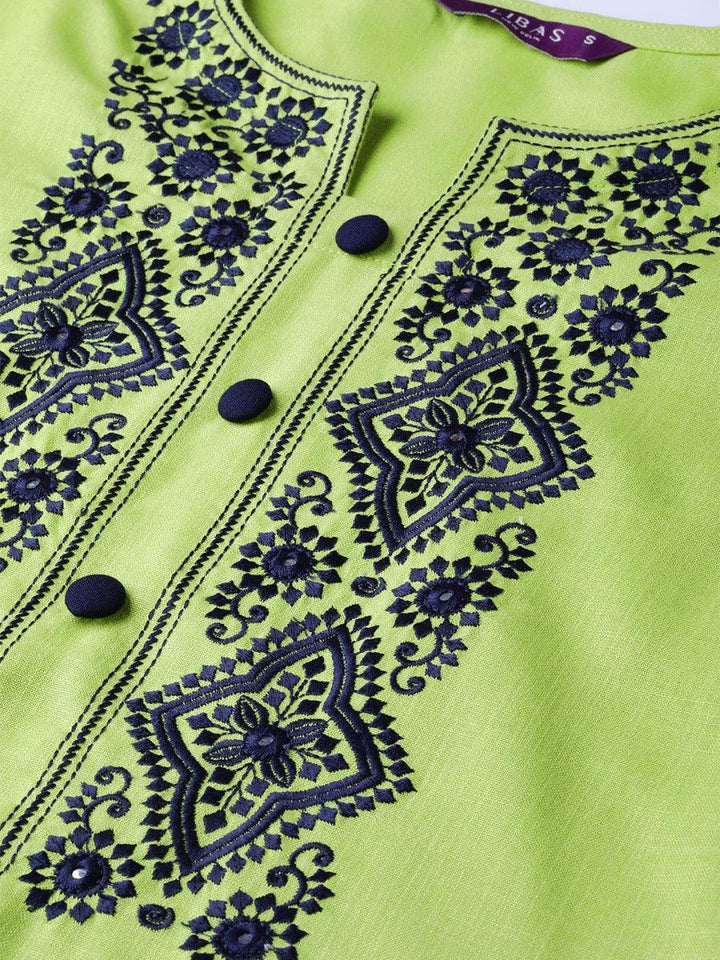 Green Embroidered Cotton Kurta