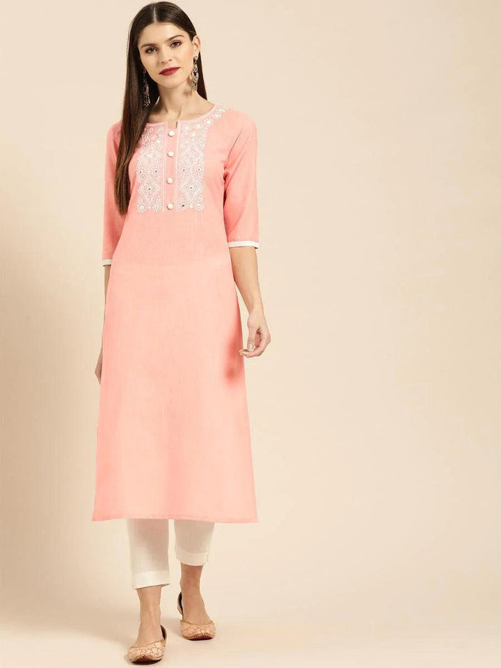 Peach Embroidered Cotton Kurta