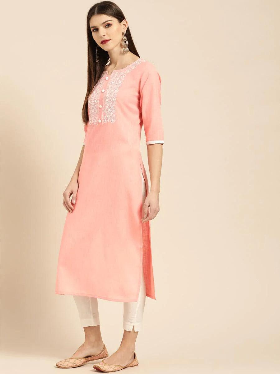 Peach Embroidered Cotton Kurta - ShopLibas