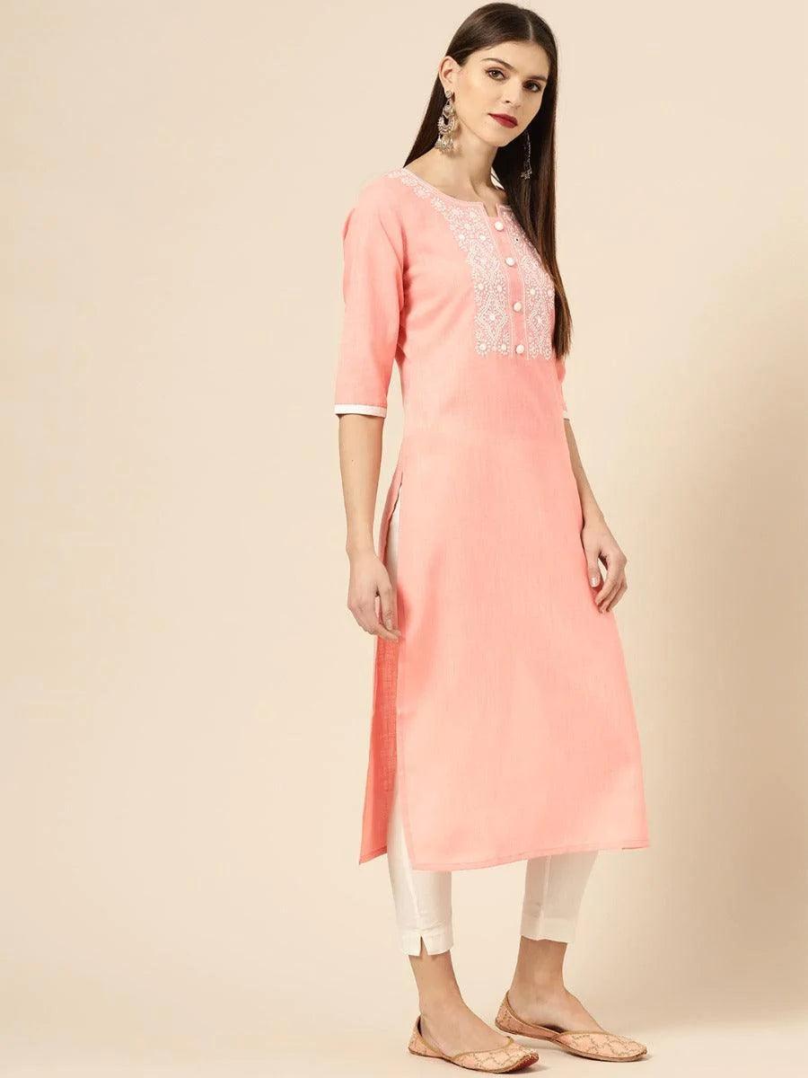 Peach Embroidered Cotton Kurta - ShopLibas