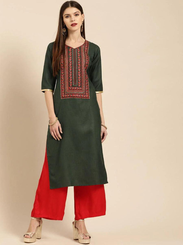 Green Embroidered Cotton Kurta