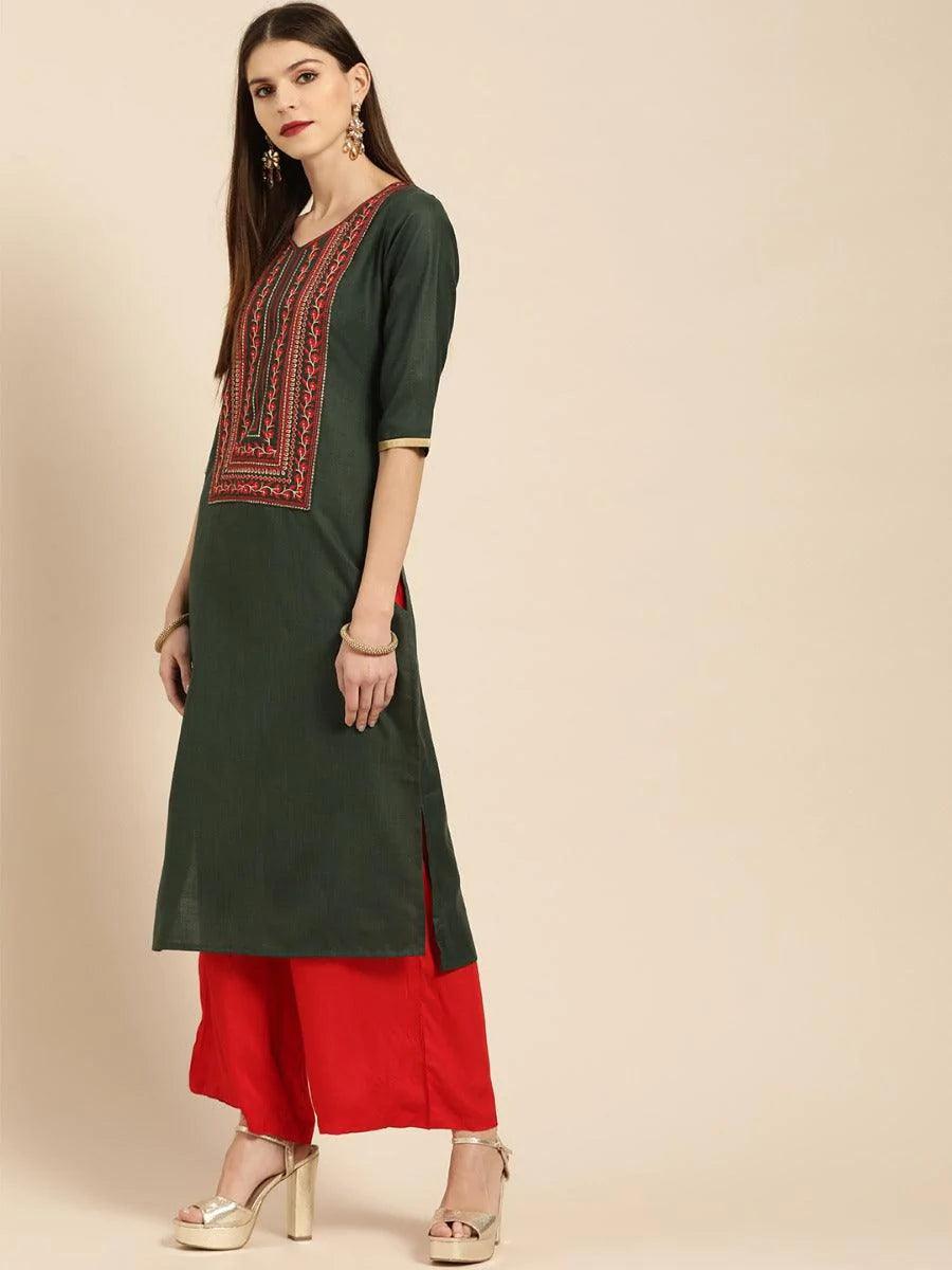 Green Embroidered Cotton Kurta - ShopLibas