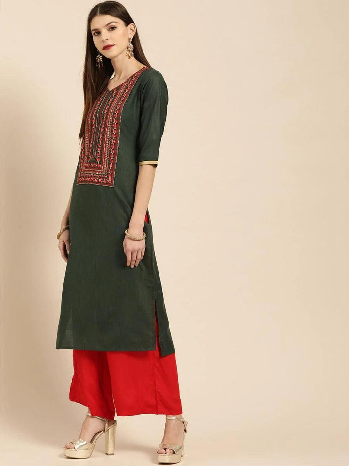 Green Embroidered Cotton Kurta