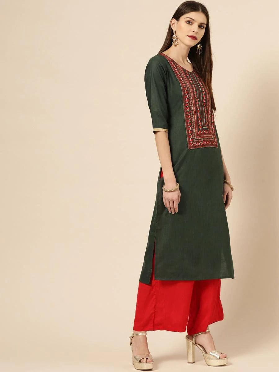 Green Embroidered Cotton Kurta - ShopLibas