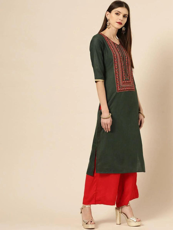 Green Embroidered Cotton Kurta