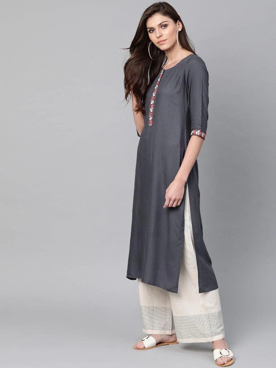 Grey Woven Design Cotton Kurta - ShopLibas
