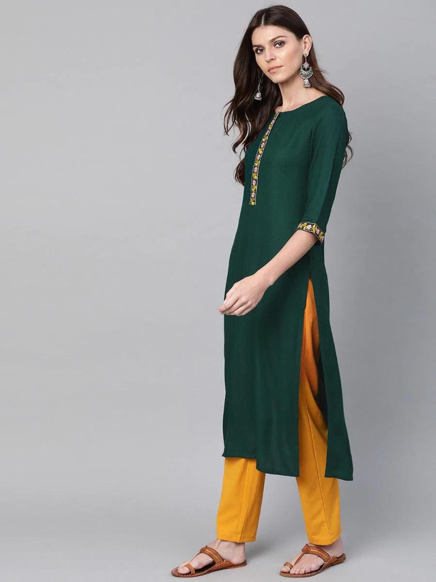 Green Woven Design Cotton Kurta - ShopLibas