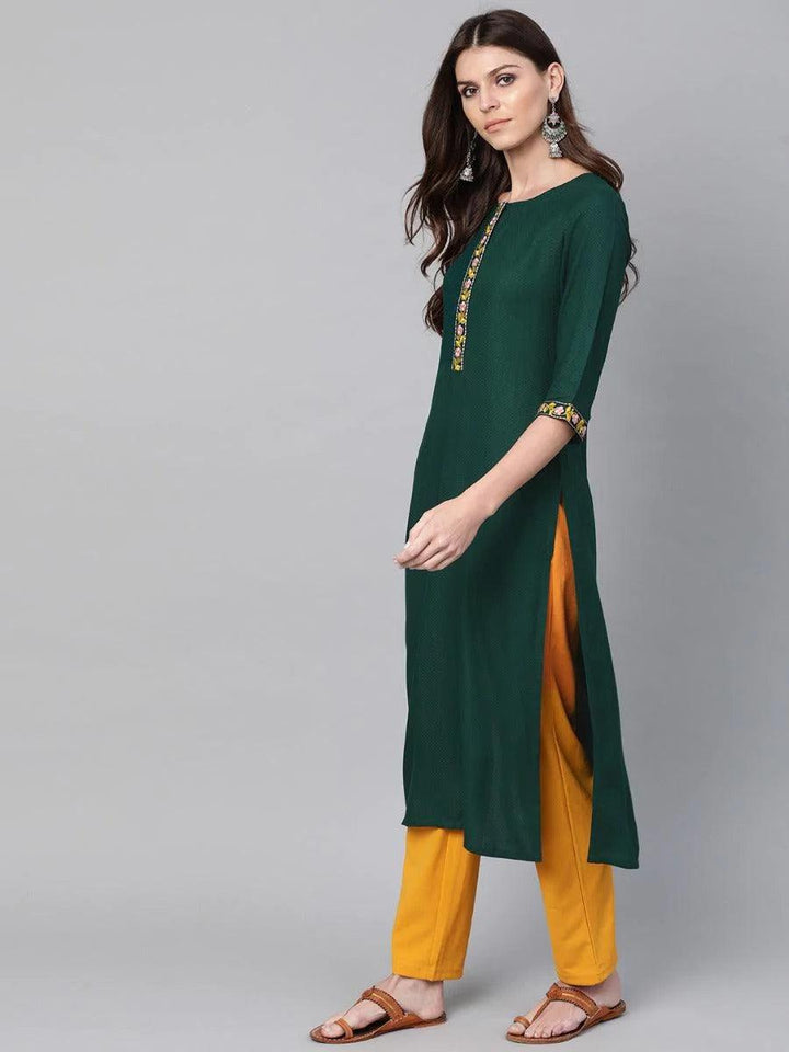 Green Woven Design Cotton Kurta