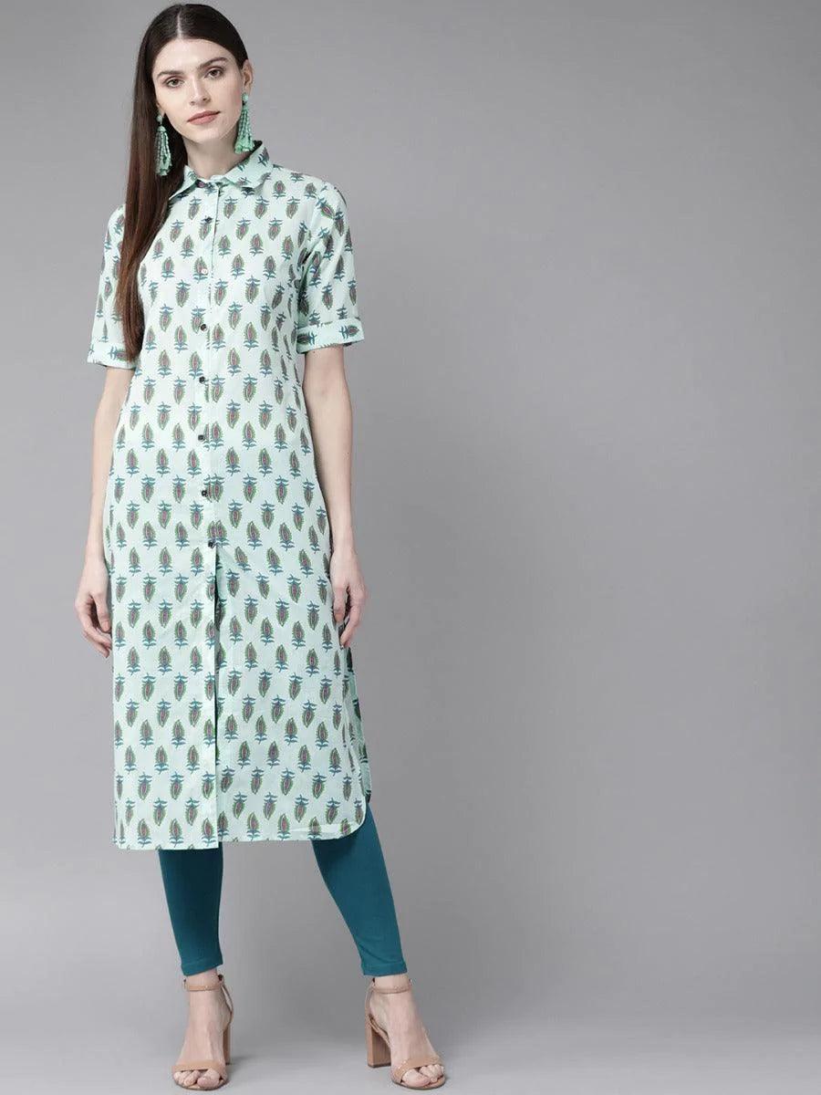 Blue Printed Cotton Kurta - ShopLibas