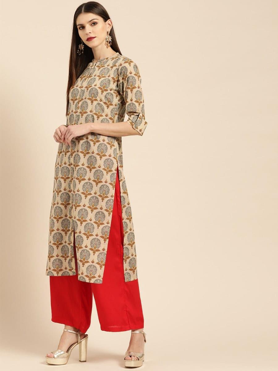 Beige Printed Rayon Kurta - ShopLibas