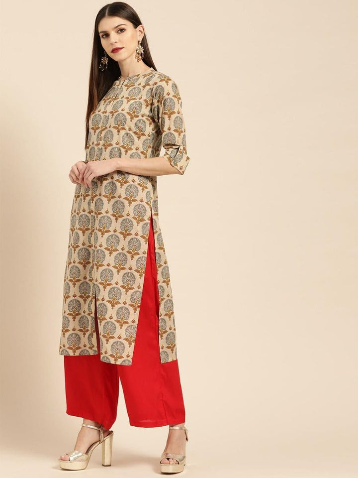 Beige Printed Rayon Kurta