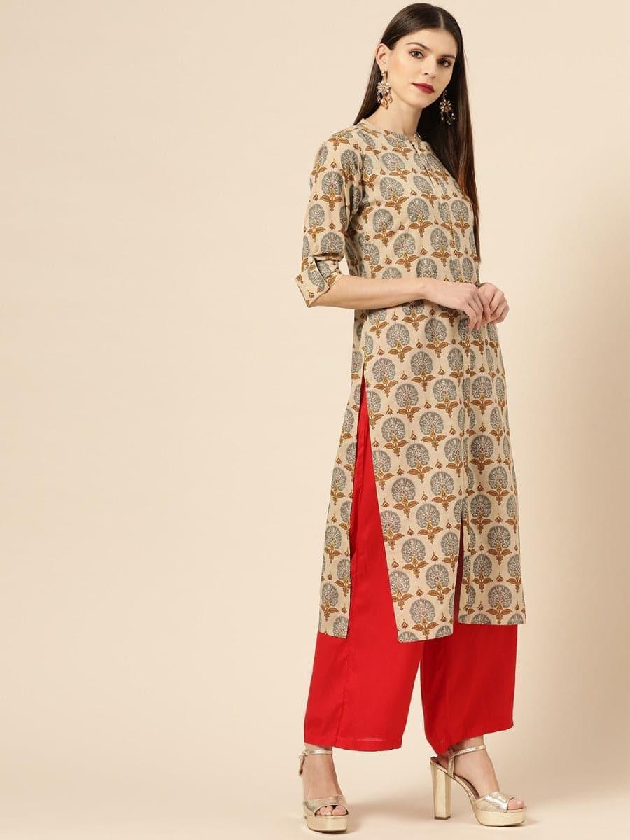 Beige Printed Rayon Kurta - ShopLibas