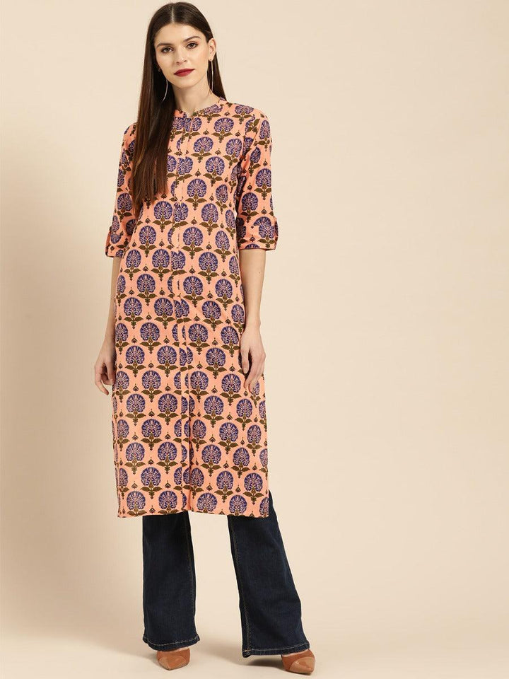 Peach Printed Rayon Kurta