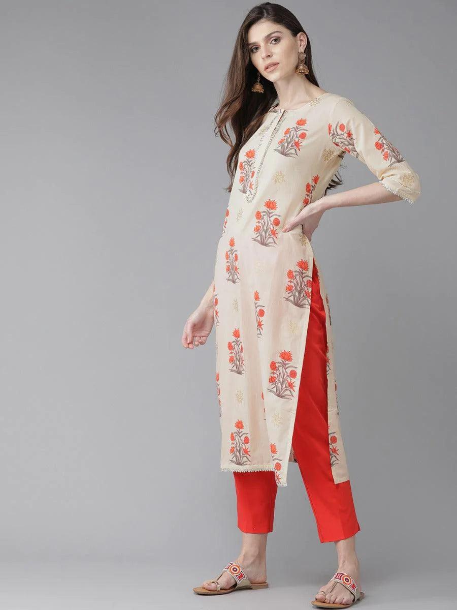 Beige Printed Cotton Kurta - ShopLibas