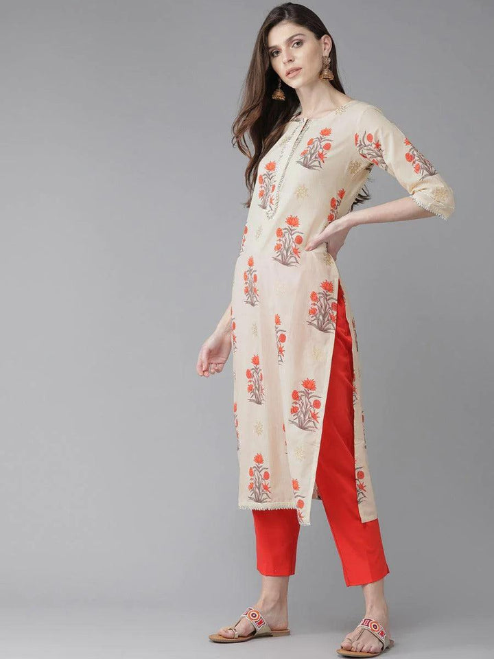 Beige Printed Cotton Kurta