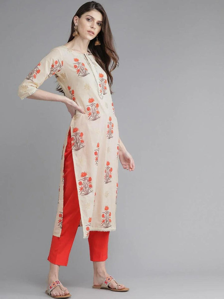 Beige Printed Cotton Kurta