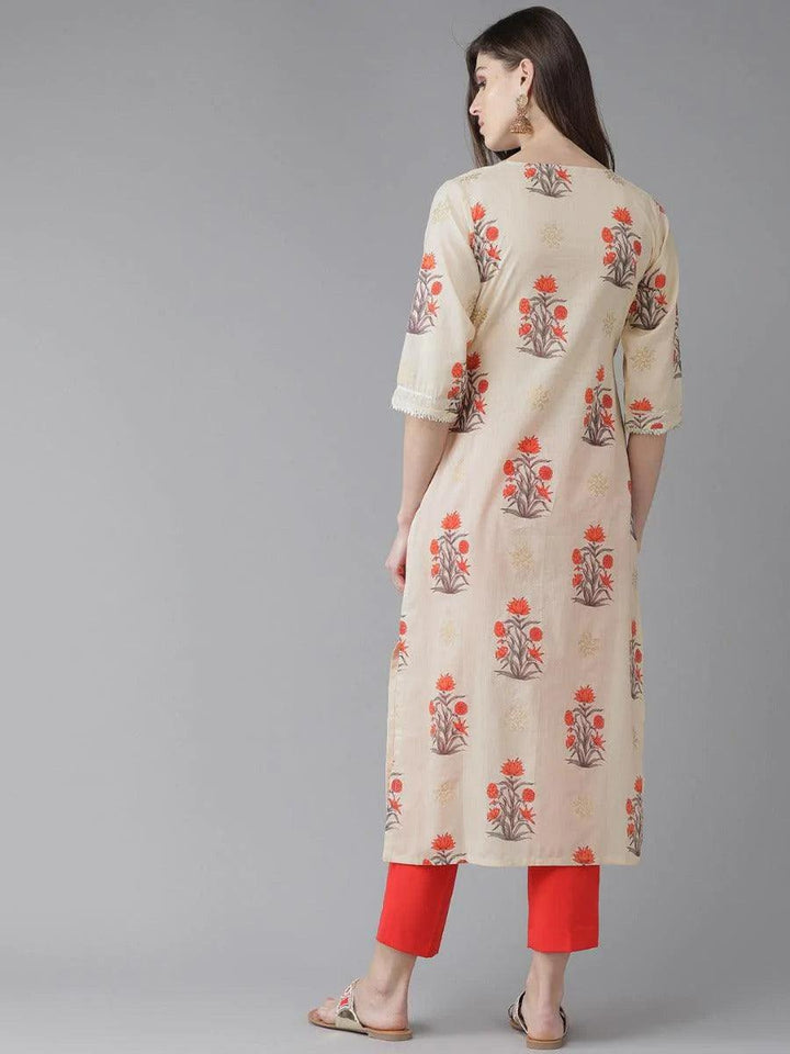 Beige Printed Cotton Kurta
