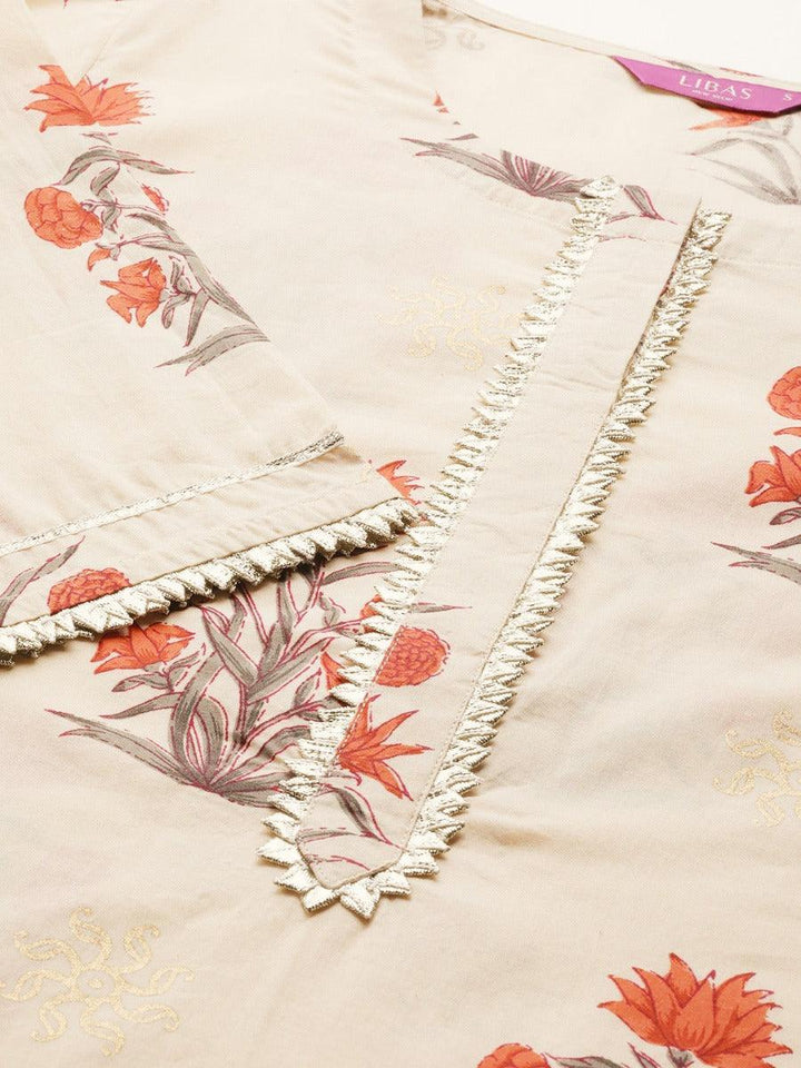 Beige Printed Cotton Kurta