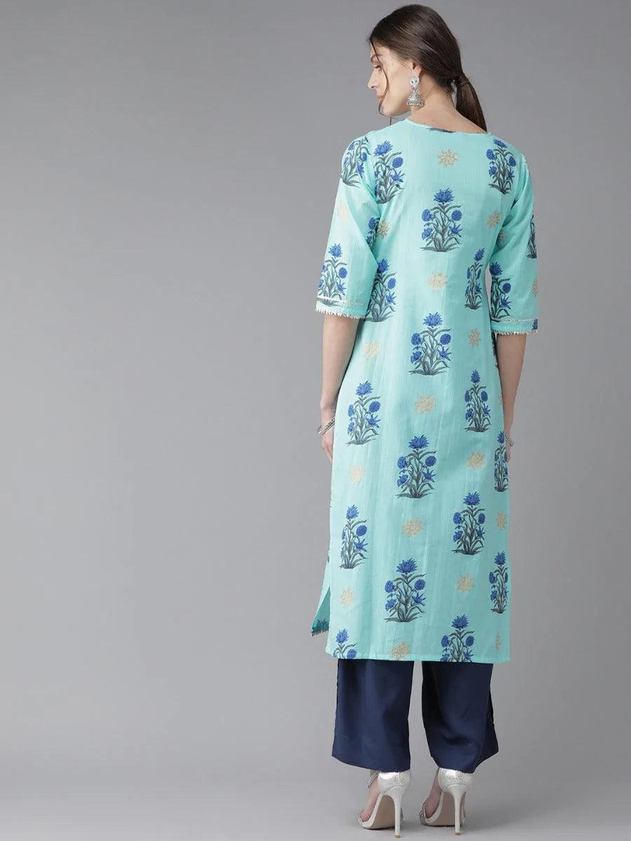 Blue Printed Cotton Kurta - ShopLibas