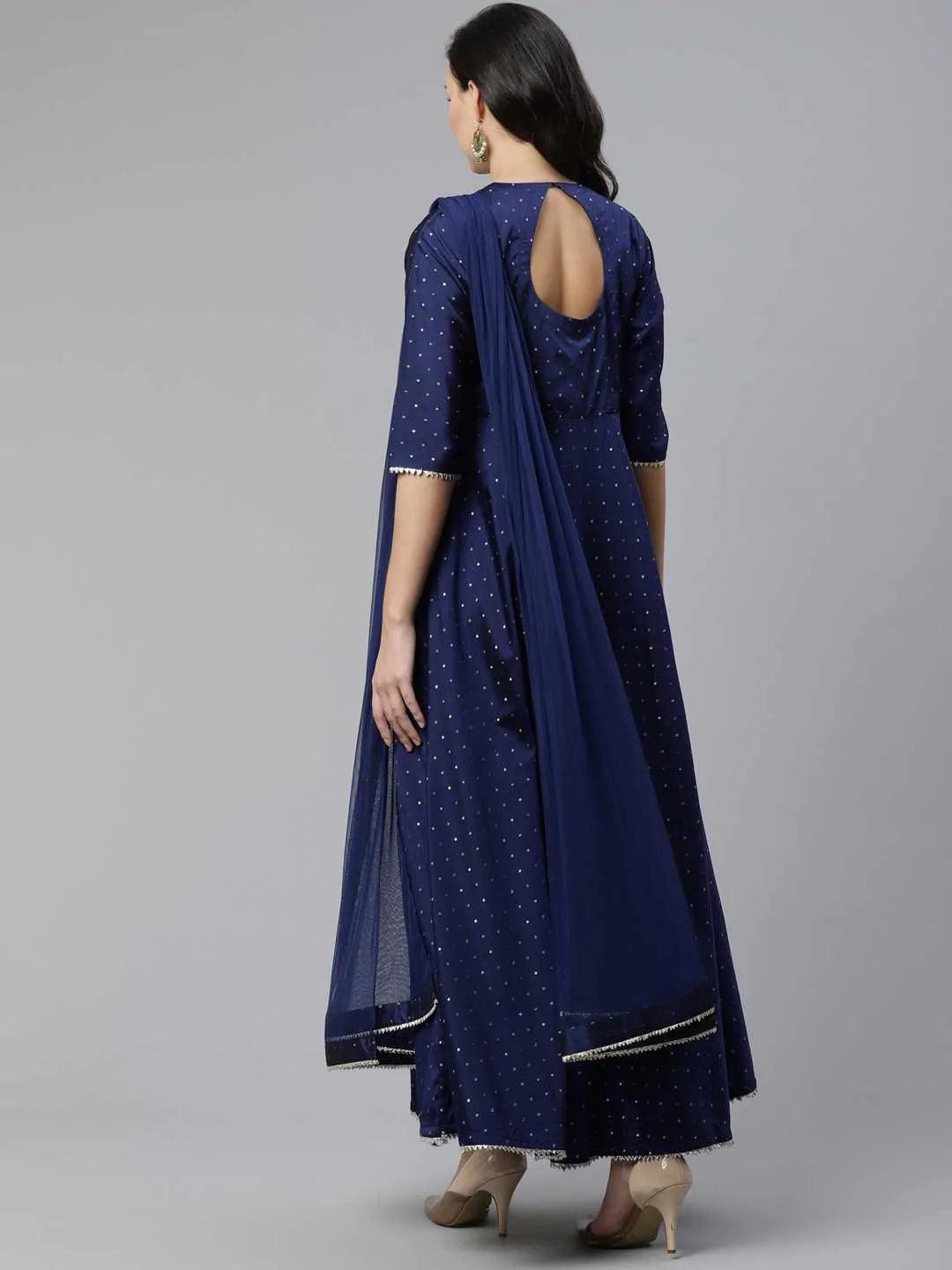 Navy Blue Self Design Chanderi Dress With Dupatta - ShopLibas