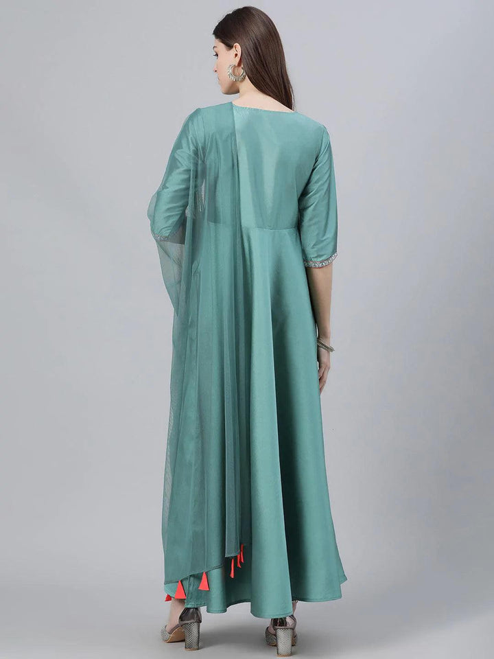 Green Solid Chanderi Dress With Dupatta