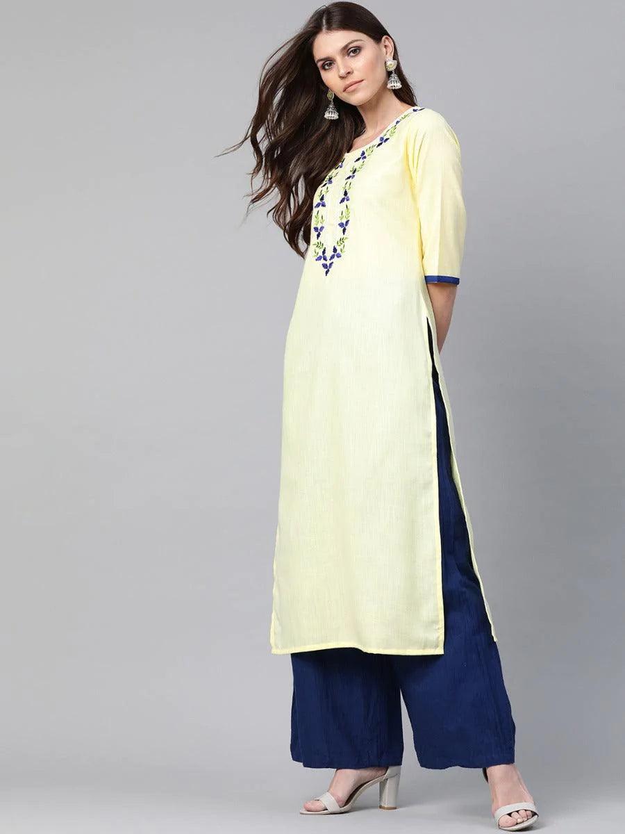 Yellow Embroidered Linen Kurta - ShopLibas