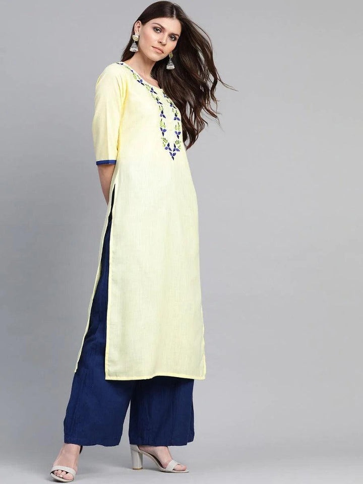 Yellow Embroidered Linen Kurta
