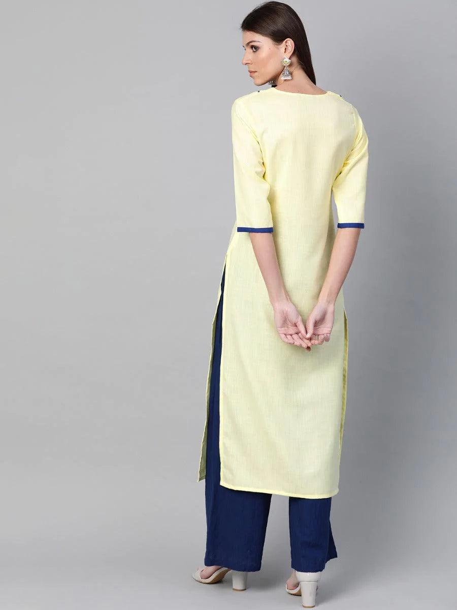 Yellow Embroidered Linen Kurta - ShopLibas