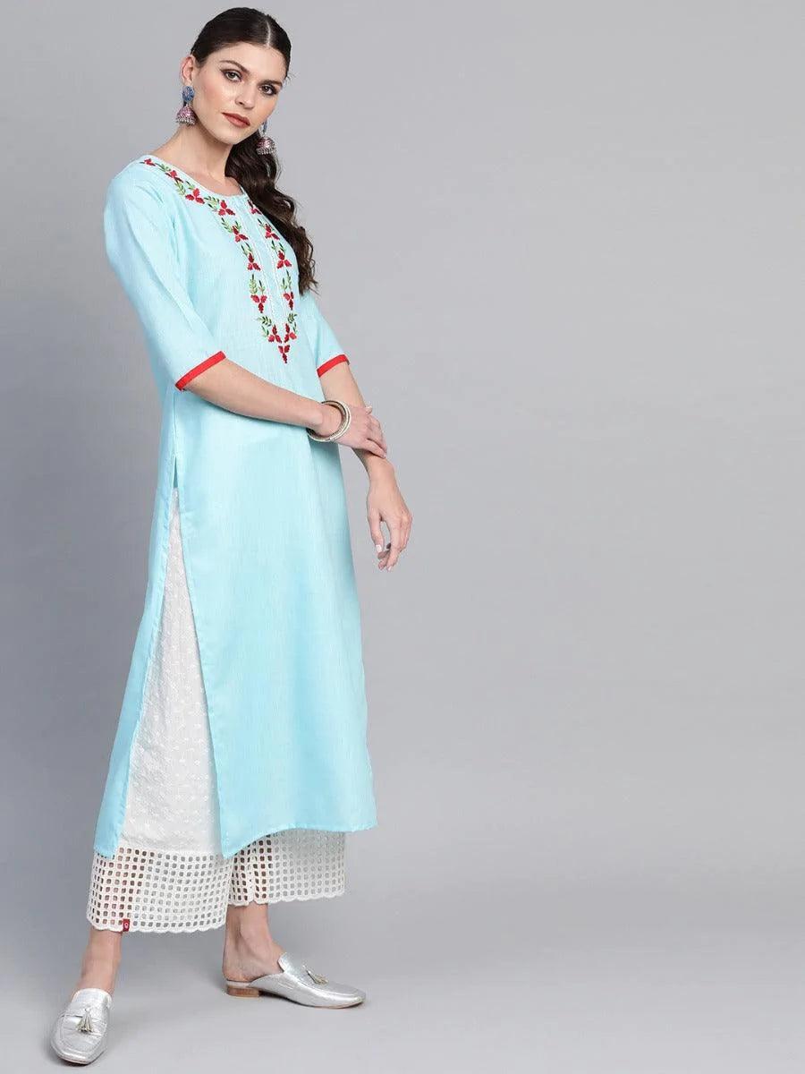 Blue Yoke Design Linen Kurta - ShopLibas