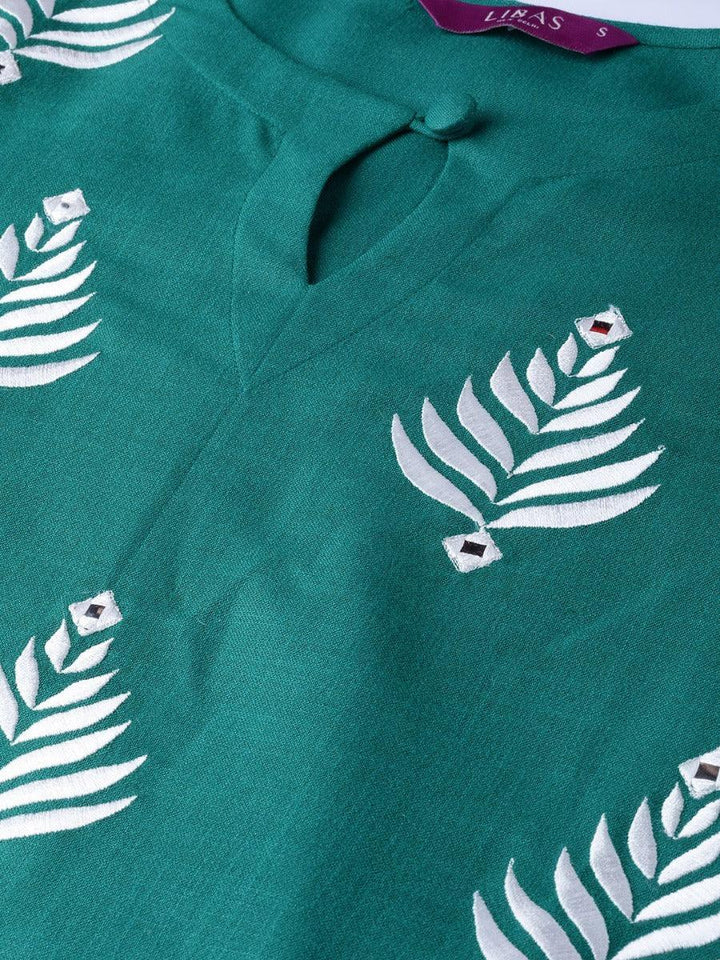 Green Embroidered Cotton Kurta