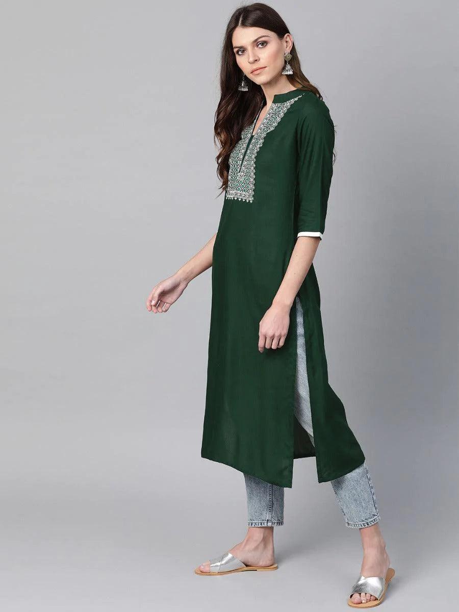 Green Embroidered Rayon Kurta - ShopLibas