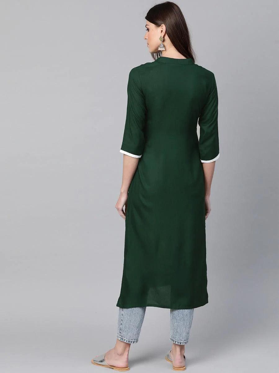 Green Embroidered Rayon Kurta - ShopLibas