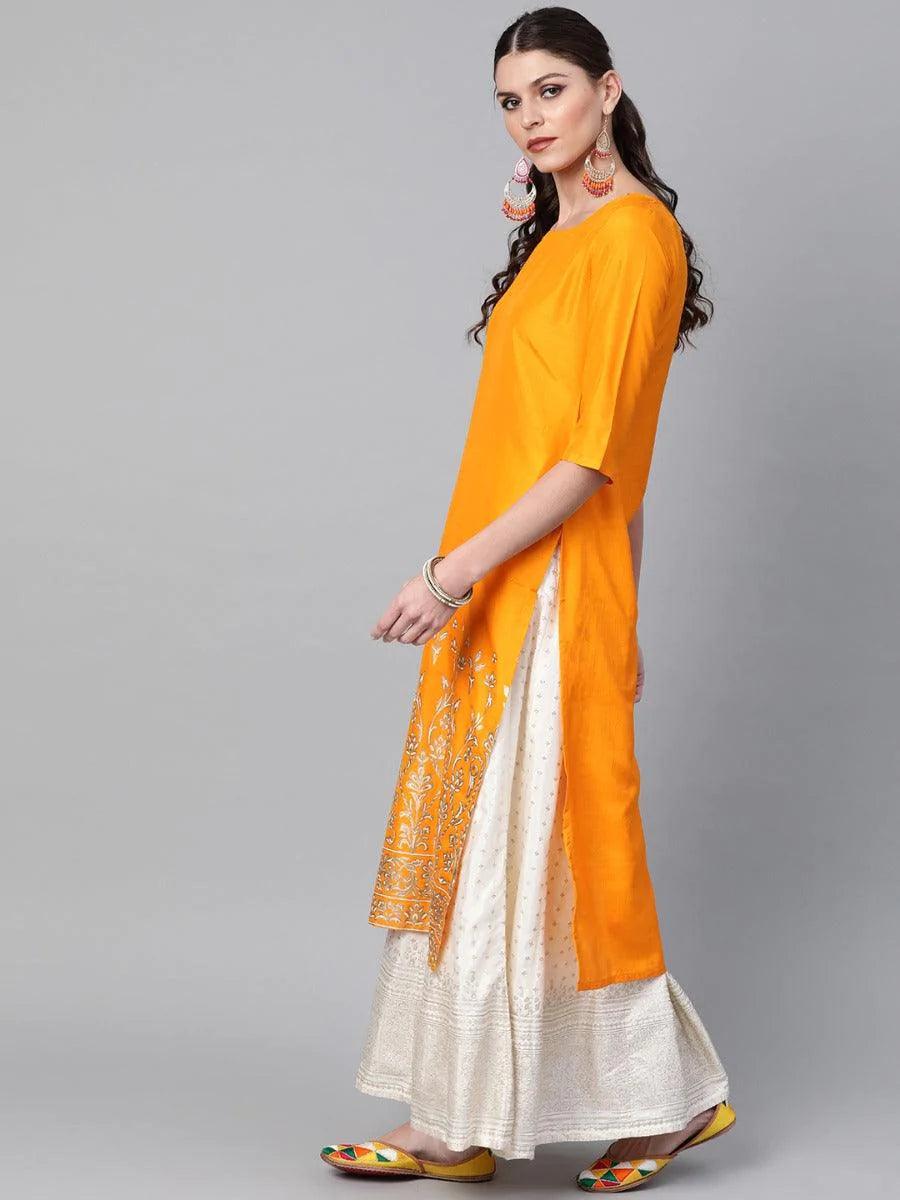 Mustard Self Design Chanderi Kurta - ShopLibas
