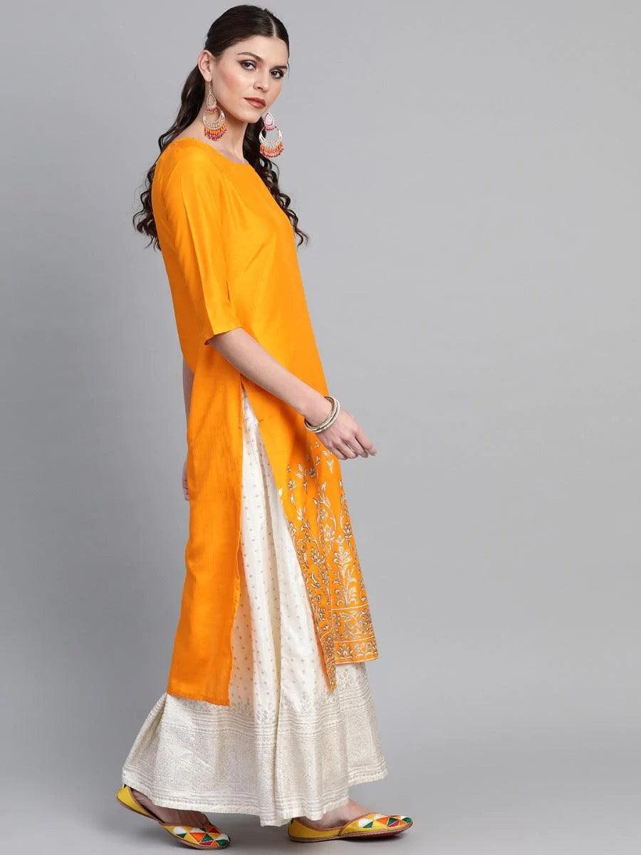 Mustard Self Design Chanderi Kurta - ShopLibas
