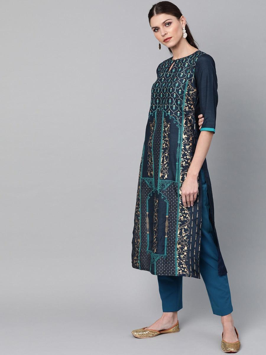 Navy Blue Self Design Chanderi Kurta - ShopLibas