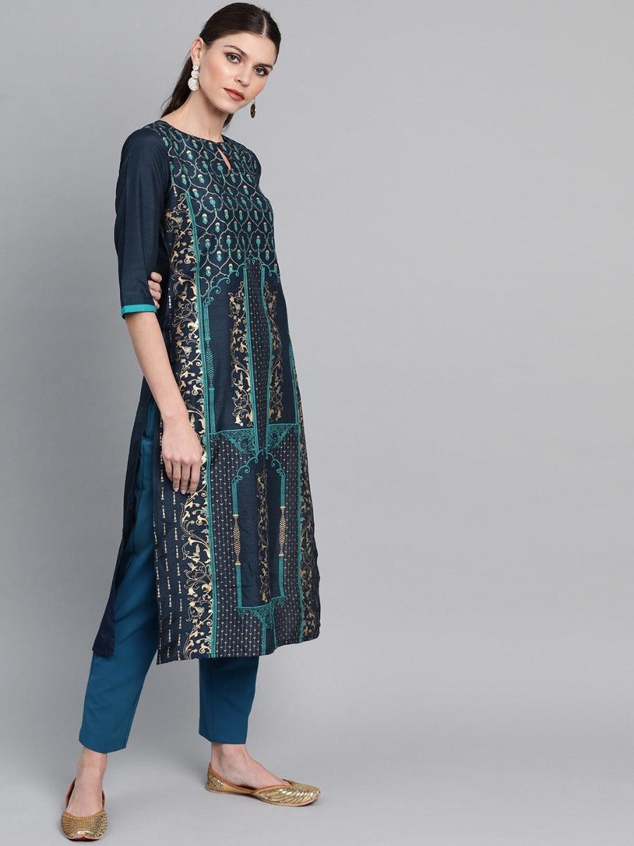 Navy Blue Self Design Chanderi Kurta - ShopLibas