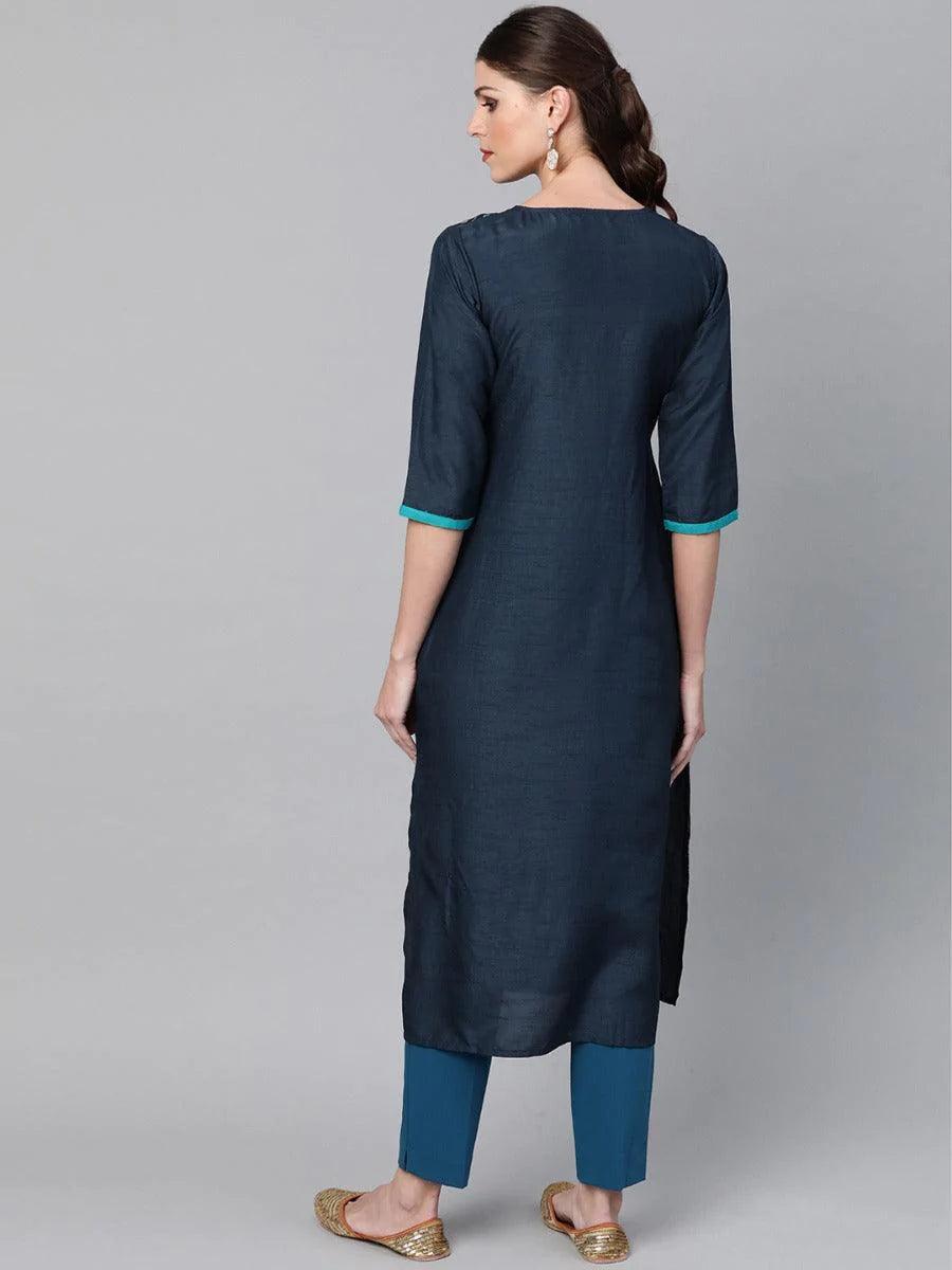Navy Blue Self Design Chanderi Kurta - ShopLibas