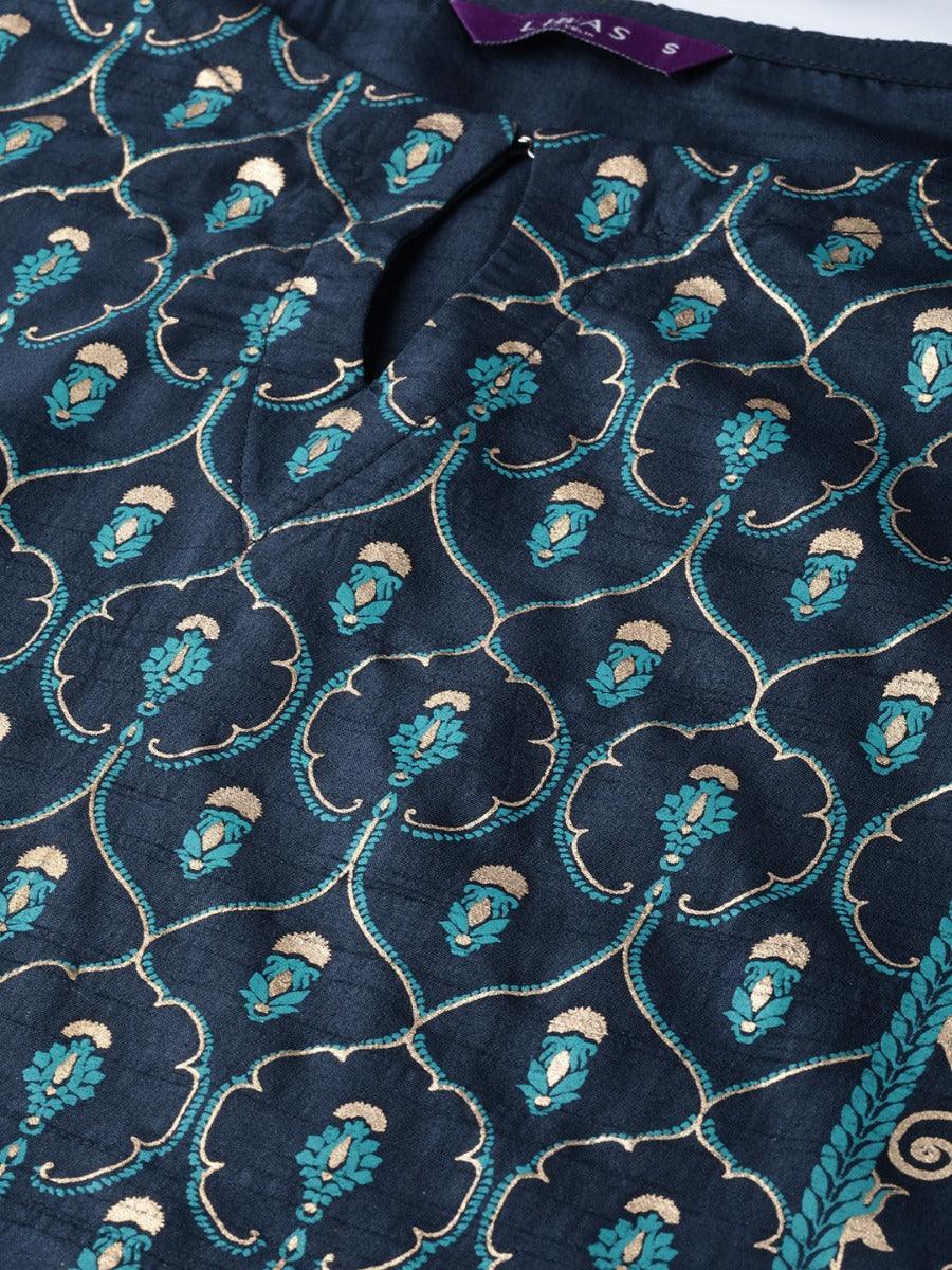 Navy Blue Self Design Chanderi Kurta - ShopLibas