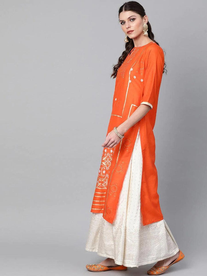 Orange Printed Chanderi Kurta