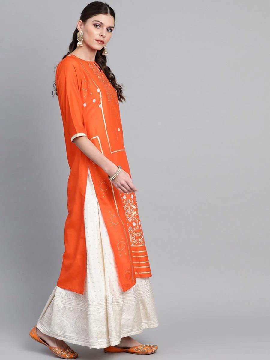 Orange Printed Chanderi Kurta - ShopLibas