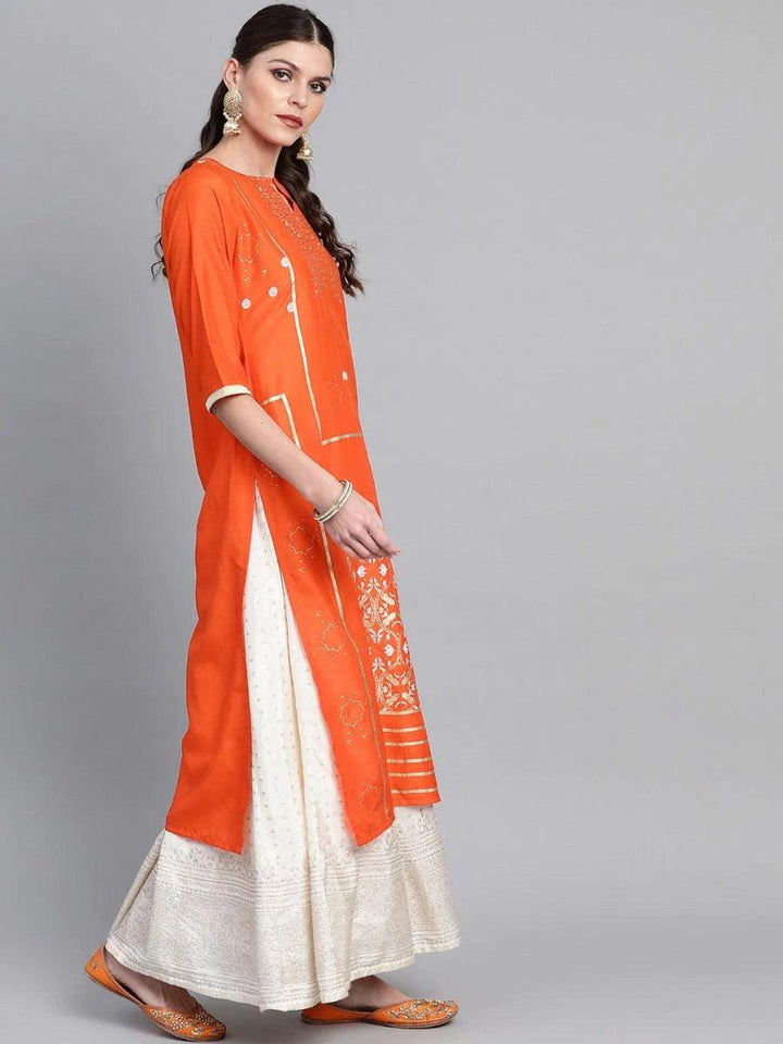 Orange Printed Chanderi Kurta